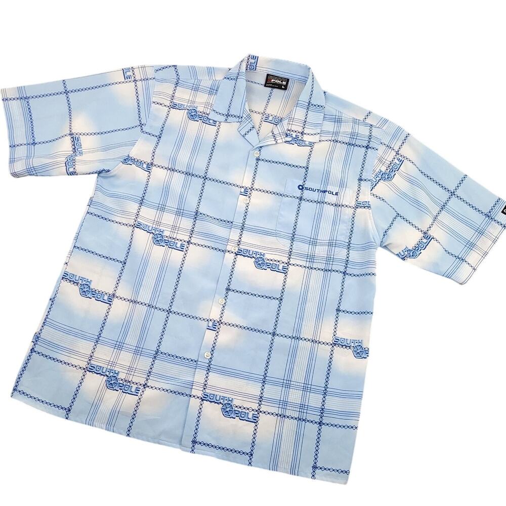 Vintage South Pole Men’s Short Sleeve Button-Up Shirt Sz Large Blue White